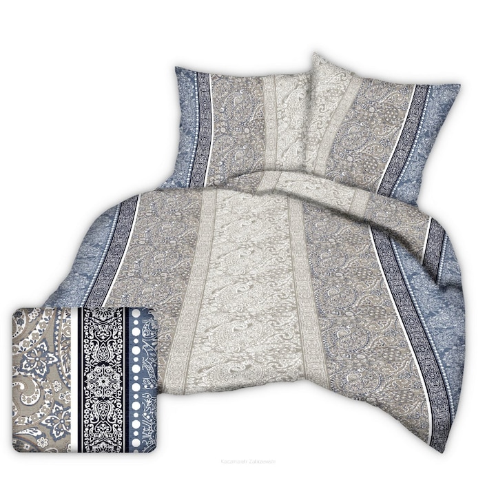 Lenjerie de pat 140x200 albastru alb bej paisley ornamente