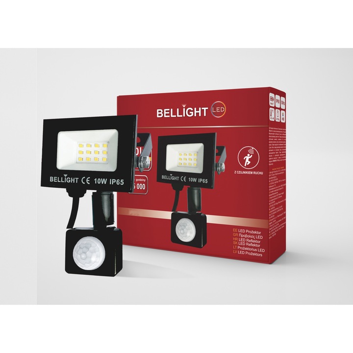 Proiector LED cu senzor de miscare Bellight, 10W, IP65, negru, dimensiuni compacte