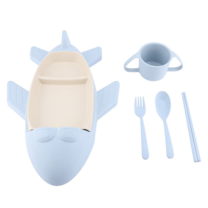 Екологичен комплект съдове за хранене от пшенична слама за деца, Enforose, чиния във формата на самолет, 5 части/комплект