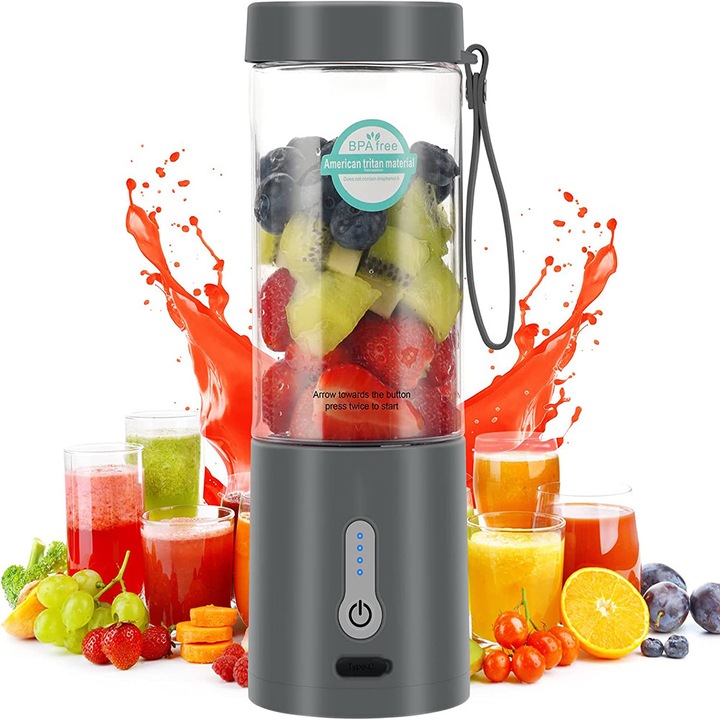 Enforose hordozható turmixgép, 530ml, 6 rozsdamentes acél penge, mágneses indukciós technológia, kompakt design