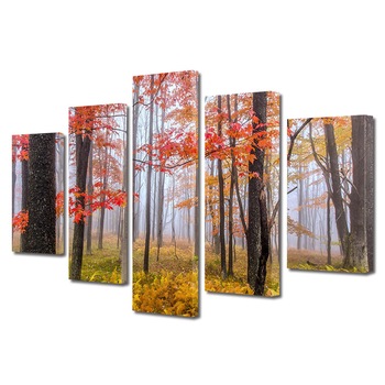 Set Tablouri Multicanvas 5 Piese Peisaj de Toamna cu Copaci tineri in ceata, 80 x 150 cm Set Tablouri Multicanvas 5 Piese Peisaj de Toamna cu Copaci tineri in ceata, 80 x 150 cm
