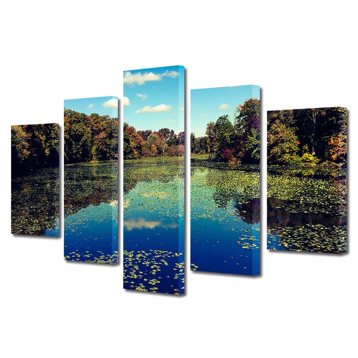 Set Tablouri Multicanvas 5 Piese Peisaj de Toamna cu Lacul cu nuferi, 100 x 175 cm
