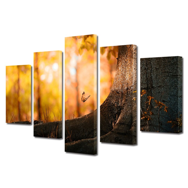 Set Tablouri Multicanvas 5 Piese Peisaj de Toamna cu Fluture in zbor langa copac, 120 x 225 cm