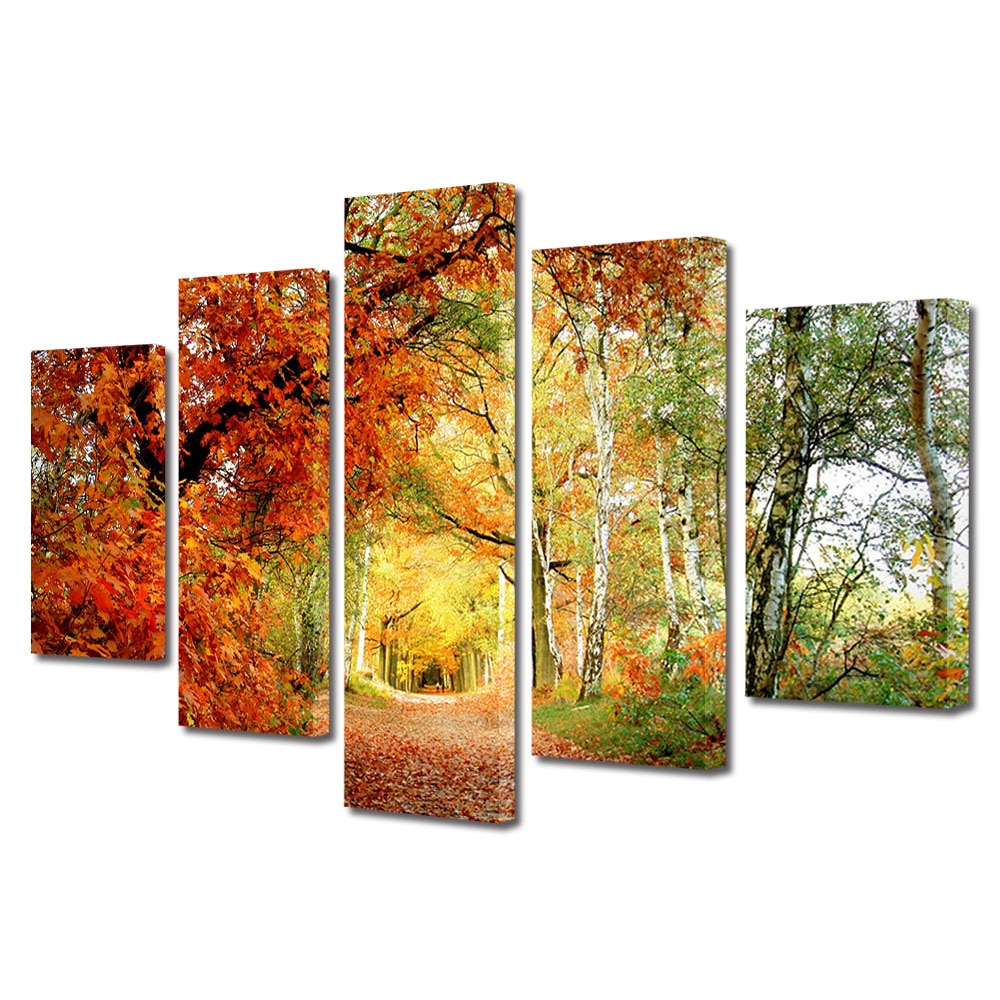 Set Tablouri Multicanvas 5 Piese Peisaj de Toamna cu Tunel prin padure, 80 x 150 cm