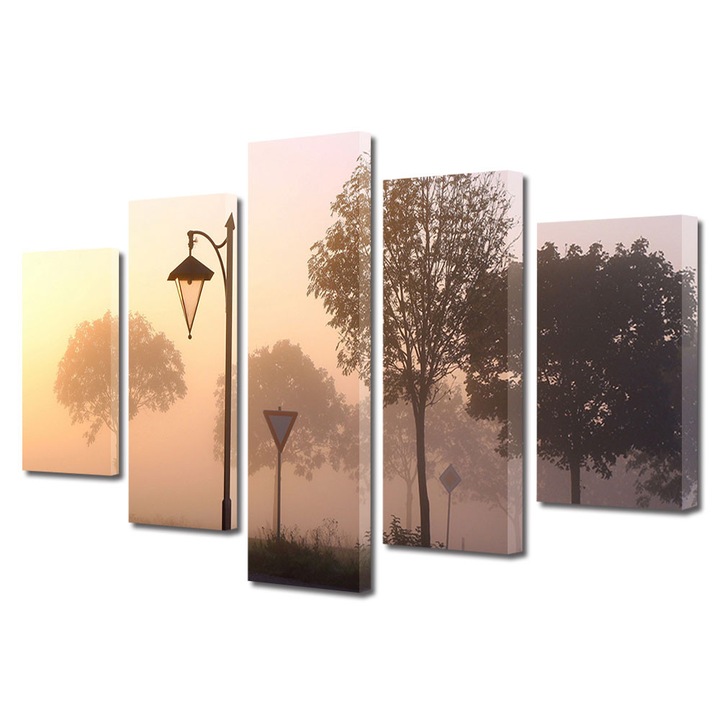 Set Tablouri Multicanvas 5 Piese Peisaj de Toamna cu Ceata pe drum, 120 x 225 cm