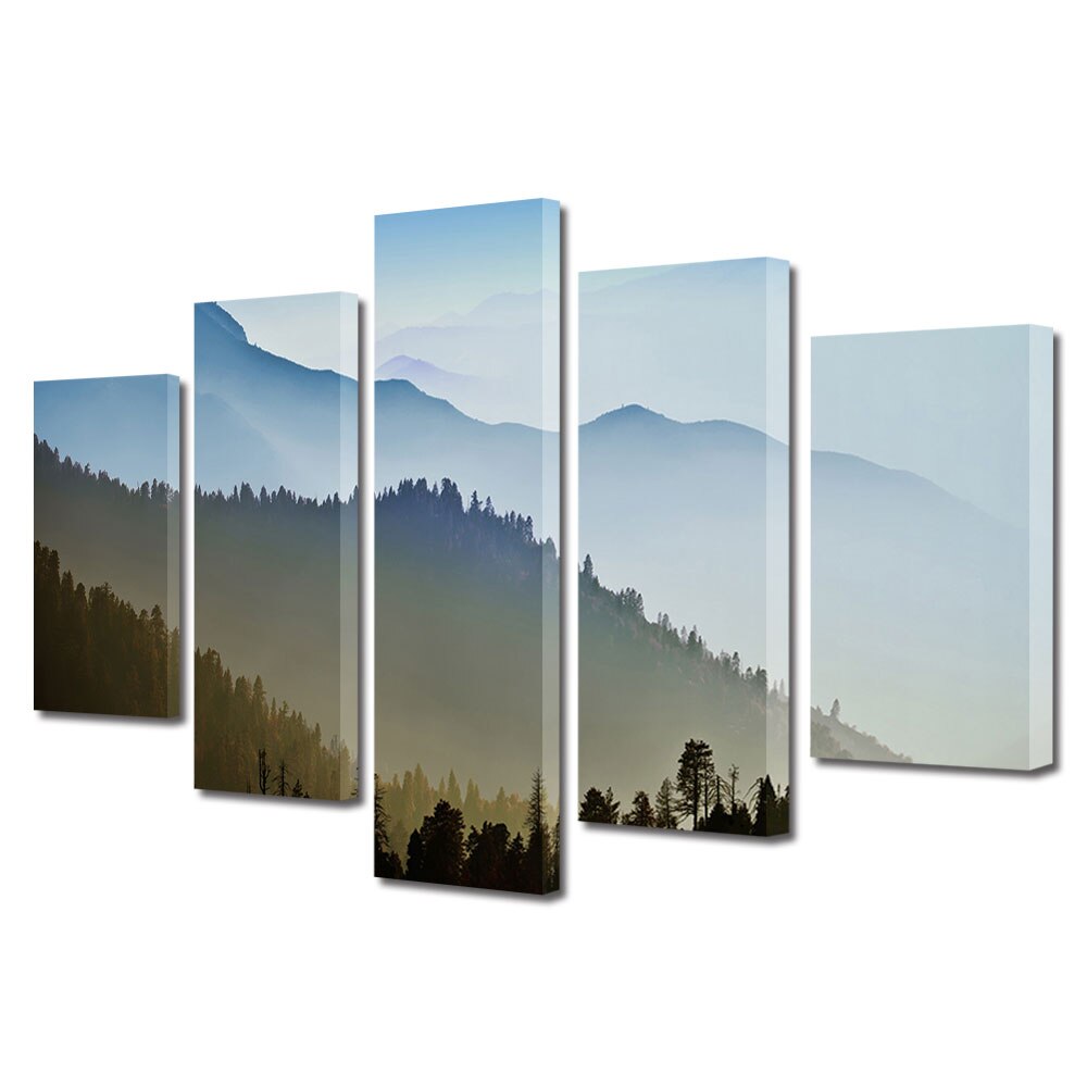 Set Tablouri Multicanvas 5 Piese Peisaj de Toamna cu Sir de dealuri impadurite, 70 x 125 cm