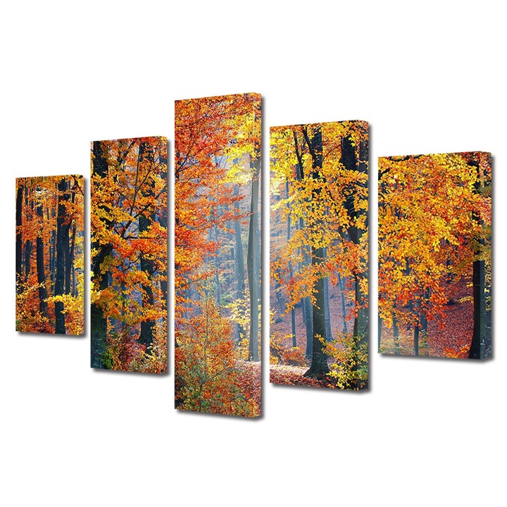 Set Tablouri Multicanvas 5 Piese Peisaj de Toamna cu Magia padurii, 120 x 225 cm