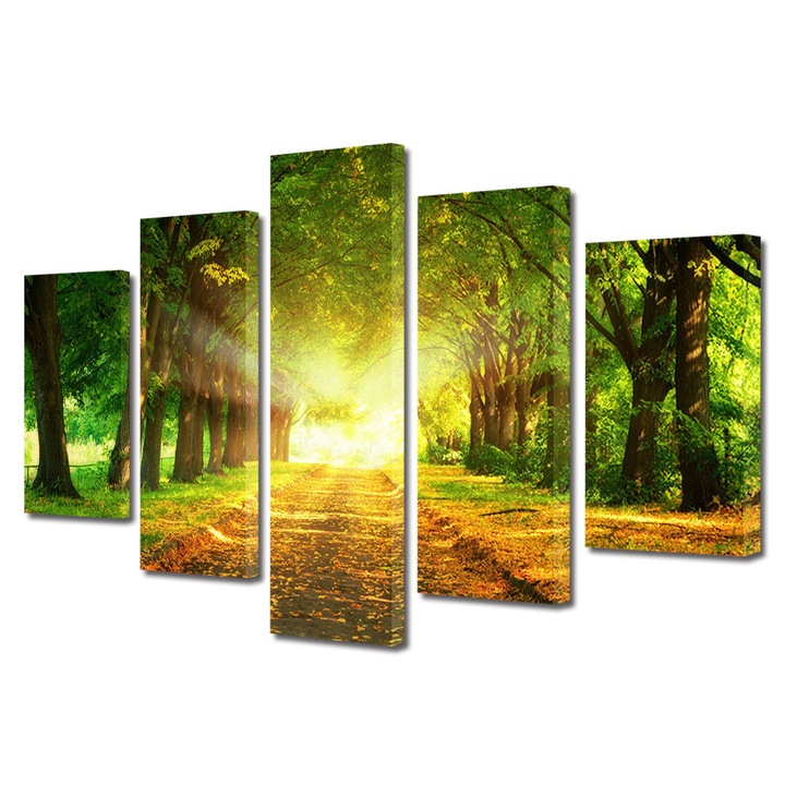 Set Tablouri Multicanvas 5 Piese Peisaj de Toamna cu Lumina puternica pe drum, 45 x 70 cm