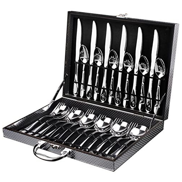 Set 24 bucati tacamuri din inox 18/10, cutite pentru friptura, furculite, linguri si lingurite, luciu oglinda, caseta cadou, argintiu