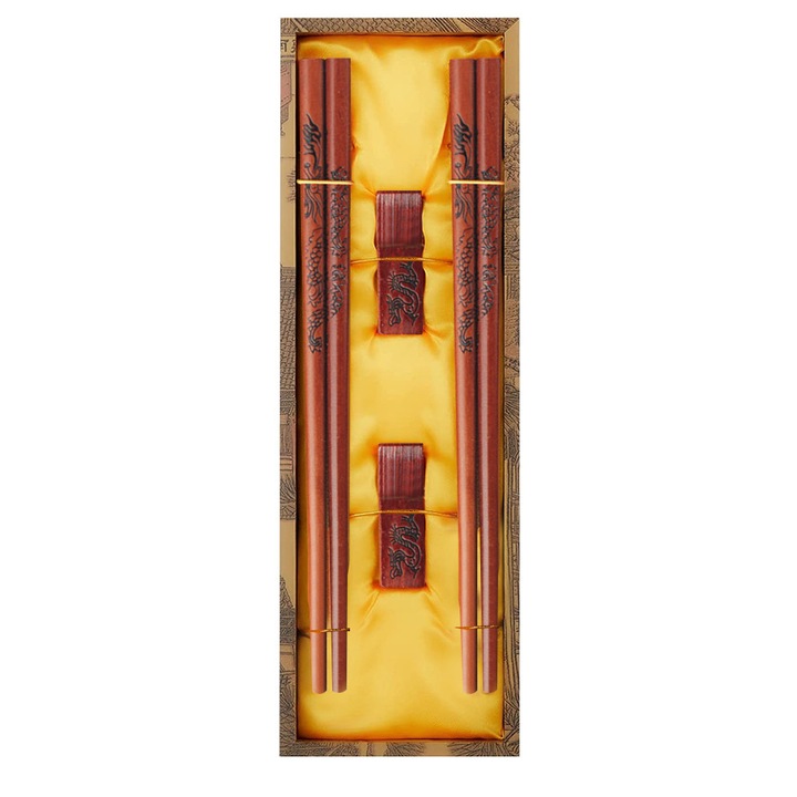 2 pár újrafelhasználható kínai sárkány és főnix evőpálcika tartóval és hordtáskával, elegáns hagyományos kínai ajándékszett