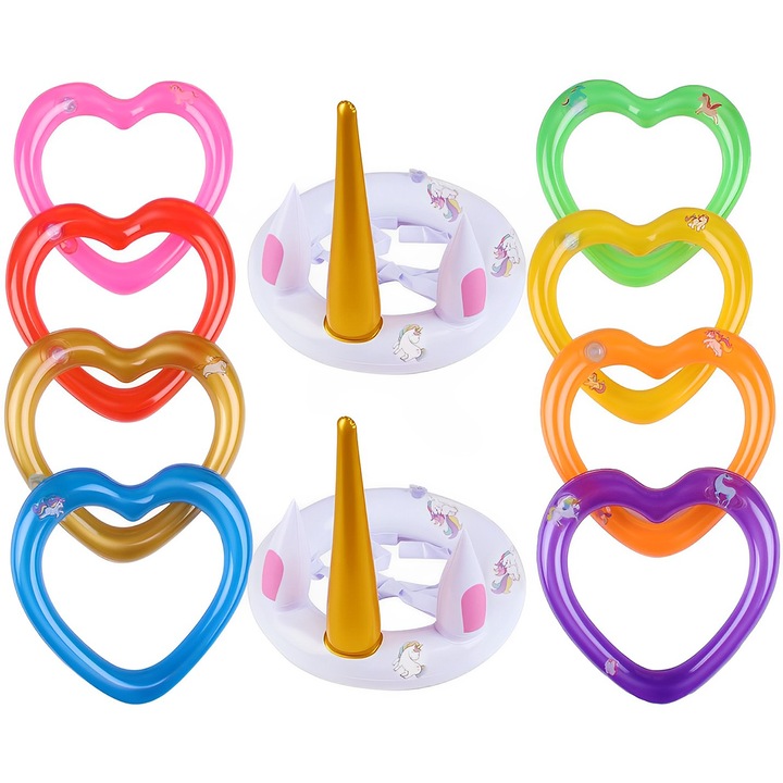 Inel de flotare gonflabil din PVC, AMRINUGL, design in forma de inima, set complet cu accesorii, activitati in aer liber