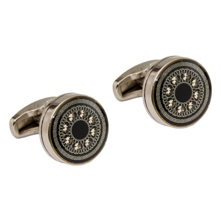 Elegáns sárgaréz ing mandzsettagomb készlet, Newtone, BT-001, Kerek, Fekete / Ezüst. 18 mm