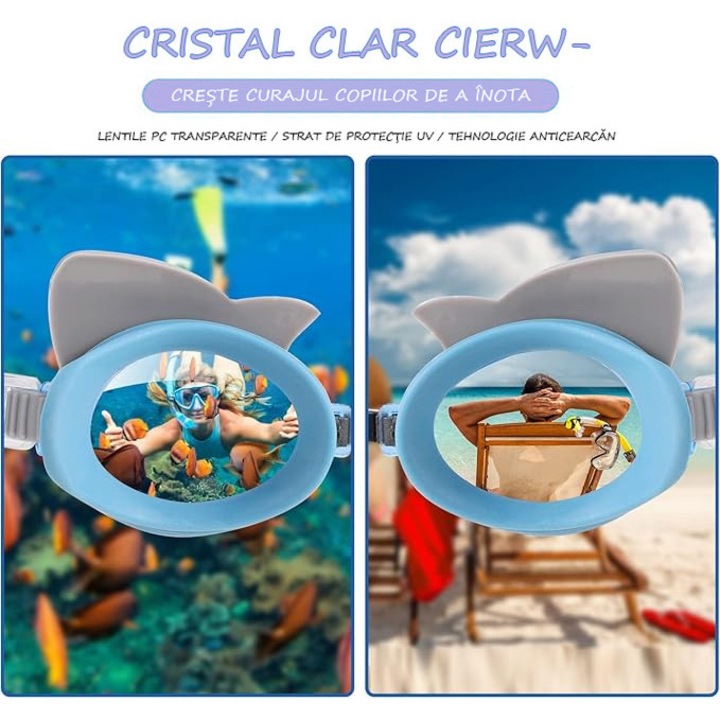 Set 5 Ochelari de inot pentru copii, Silicon, PC, anticeata, impermeabili, reglabila, Cartoon Shark, albastru