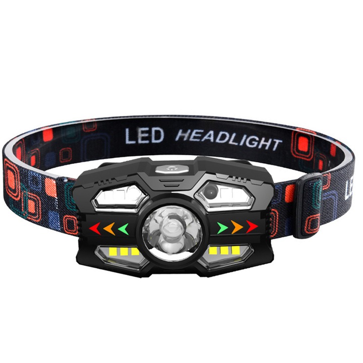 LED челник, сензор за движение, фенерче за глава, зареждане тип C, индикатор за батерията, за къмпинг на открито, риболов, лов, черен