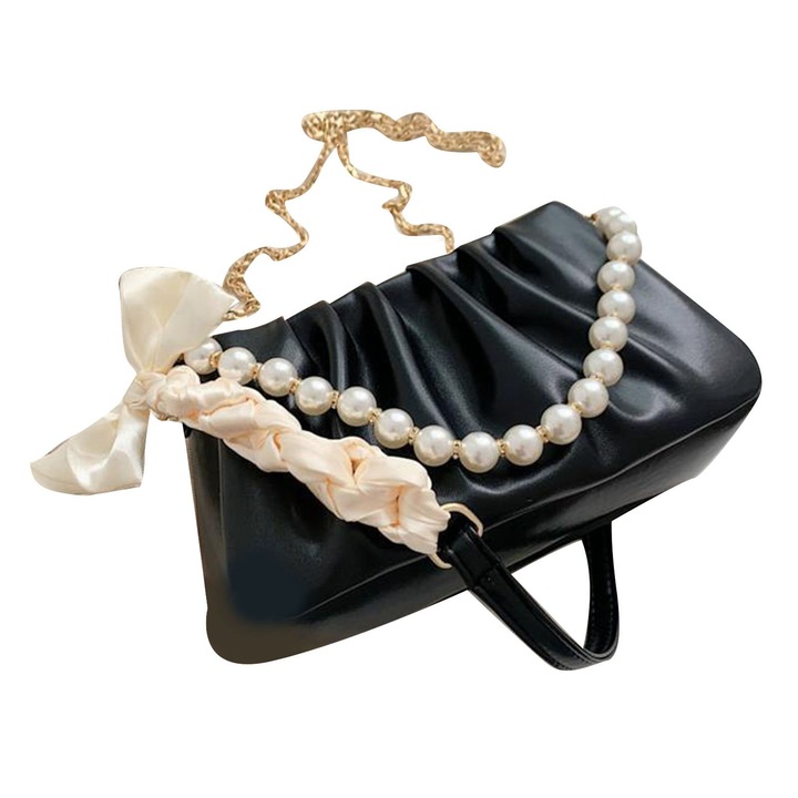 Női válltáska, elegáns kivitel, gyöngyházas részletekkel, fekete, univerzális méret