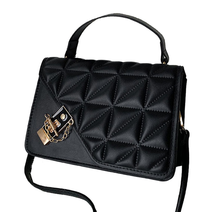 Női válltáska, rombusz mintás, fém csattal, fekete, műbőr