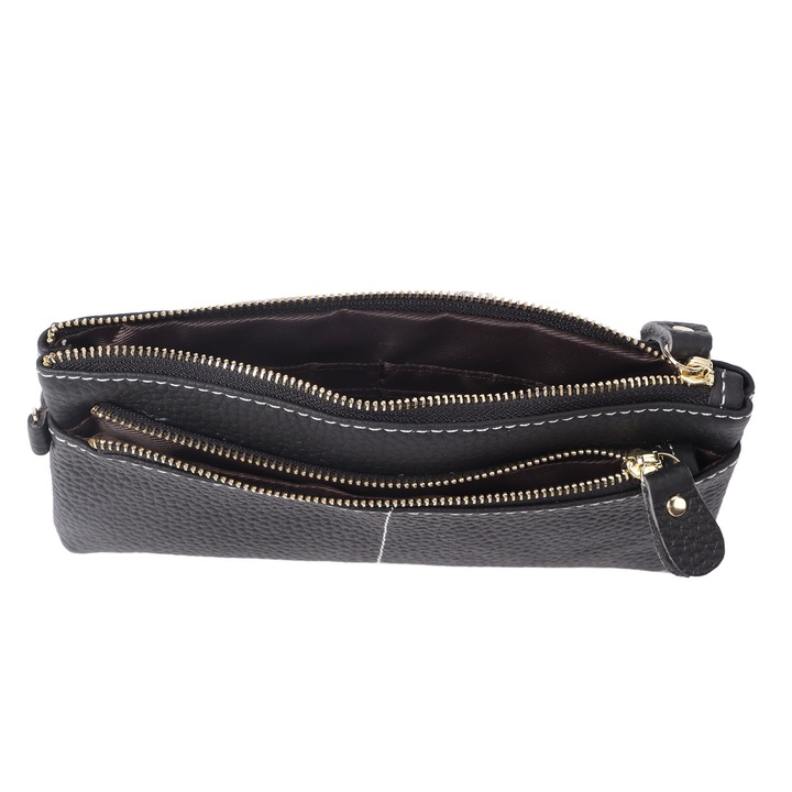 Női hosszú pénztárca, tehénbőrből, cipzárral, hordozható, fekete, 19,6x10,5x2,7cm