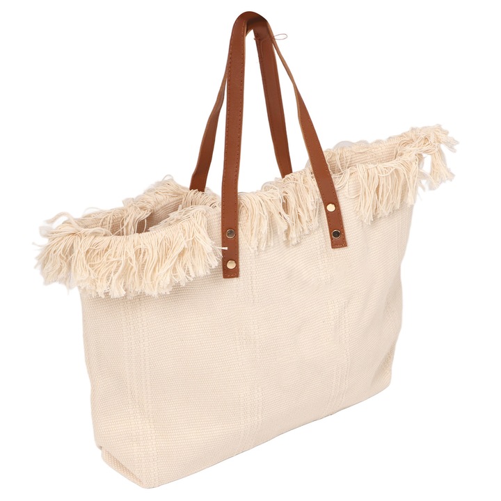 Női válltáska, bézs, pamut, rojtokkal
