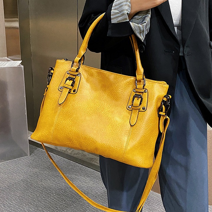 Női vintage táska, nagy kapacitású, ökológiai bőr anyag, sárga, 35x25x13cm