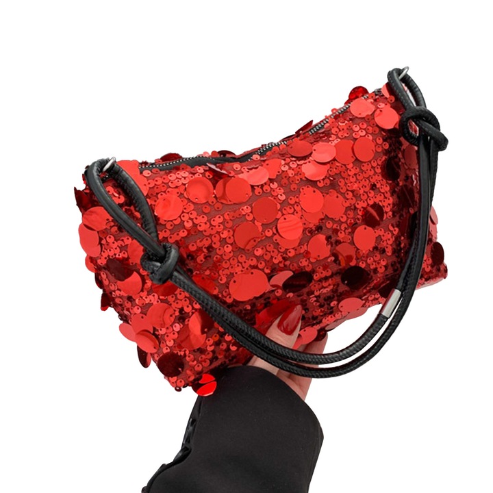 Női válltáska, flitteres kivitel, kompakt és többfunkciós, piros, kis méretű