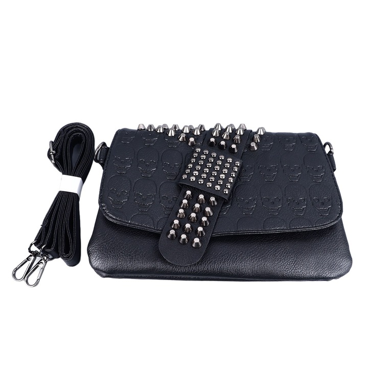 Válltáska koponya mintával, 2 pánttal, modern design, fekete, univerzális méret, PVC/PU, nőknek