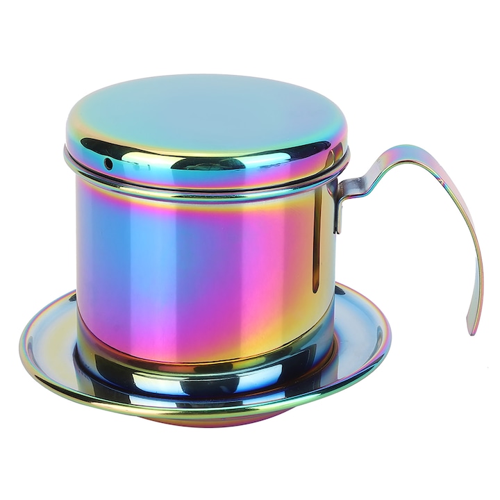 Filtru pour-over pentru cafea din otel inoxidabil reutilizabil cu sita fina, finisaj irizat multicolor