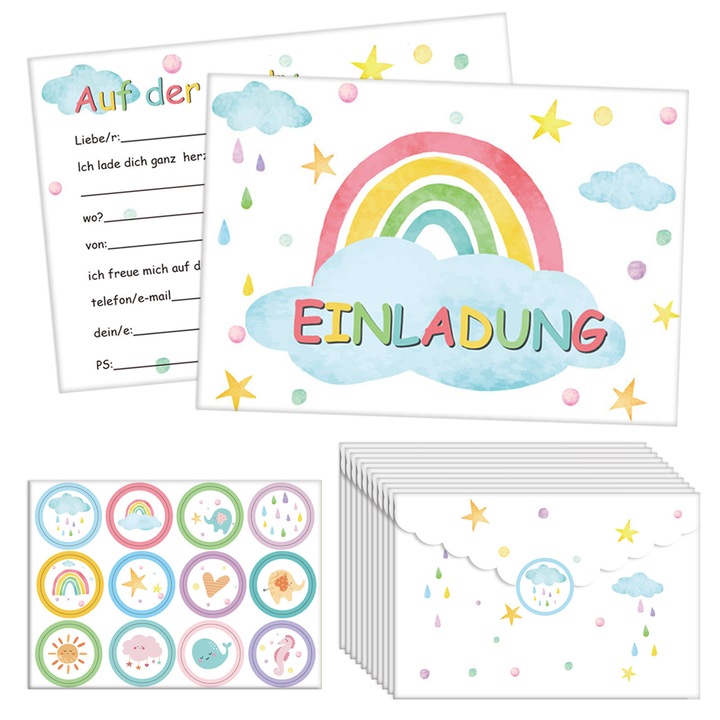 Set invitatii petrecere copii 12 buc multicolor 12x envelopes 12x stickere