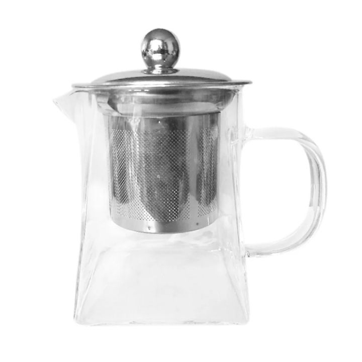 Ceainic sticla termorezistenta YANYXR 350ml infuzor inox patrat transparent 12x11x12cm