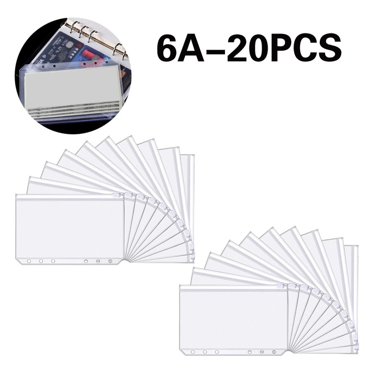 Suport documente A6, 20 bucati, plastic, transparent, 17x11cm, cu fermoar, rezistent la apa