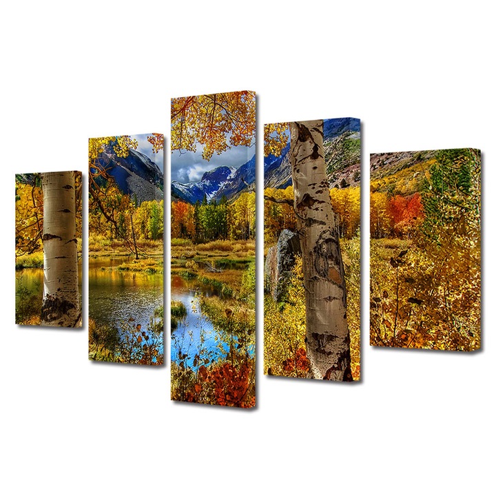 Set Tablouri Multicanvas 5 Piese Peisaj de Toamna cu Vedere spre lac , 120 x 225 cm