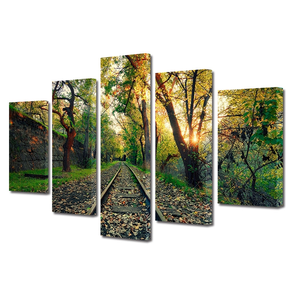 Set Tablouri Multicanvas 5 Piese Peisaj de Toamna cu Calea spre tunel prin padure, 110 x 200 cm