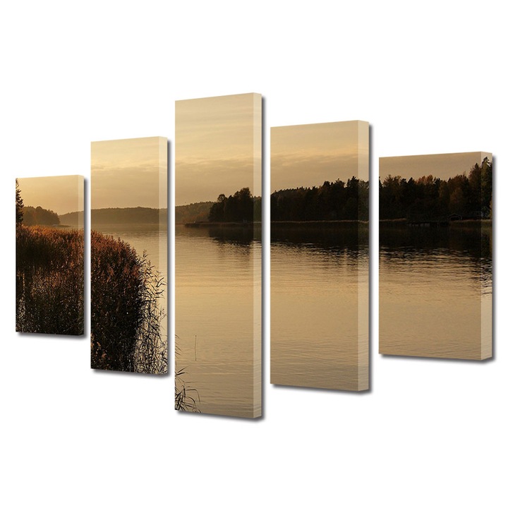 Set Tablouri Multicanvas 5 Piese Peisaj de Toamna cu Fluviu in lumina serii, 120 x 225 cm