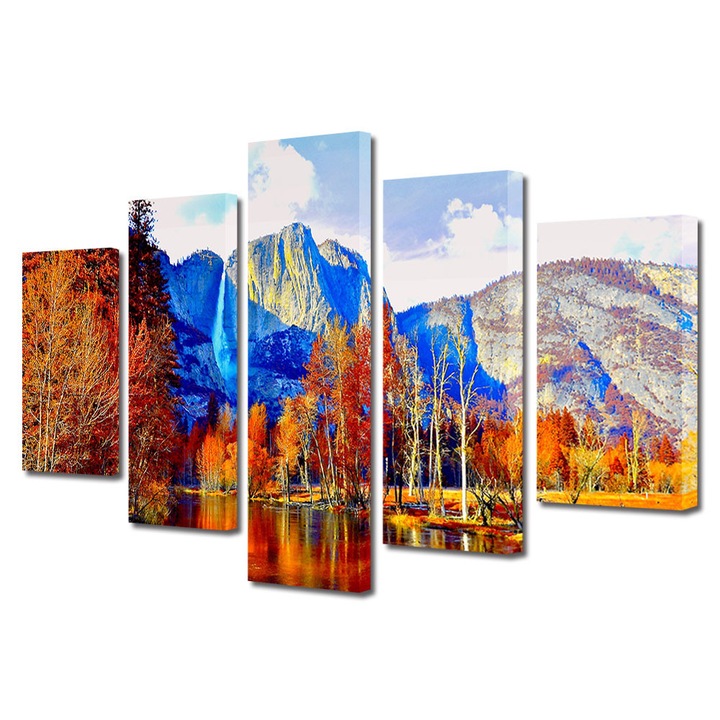 Set Tablouri Multicanvas 5 Piese Peisaj de Toamna cu Cascada in departare, 120 x 225 cm