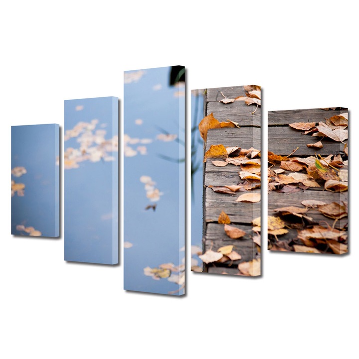 Set Tablouri Multicanvas 5 Piese Peisaj de Toamna cu Frunze maronii pe ponton, 70 x 125 cm
