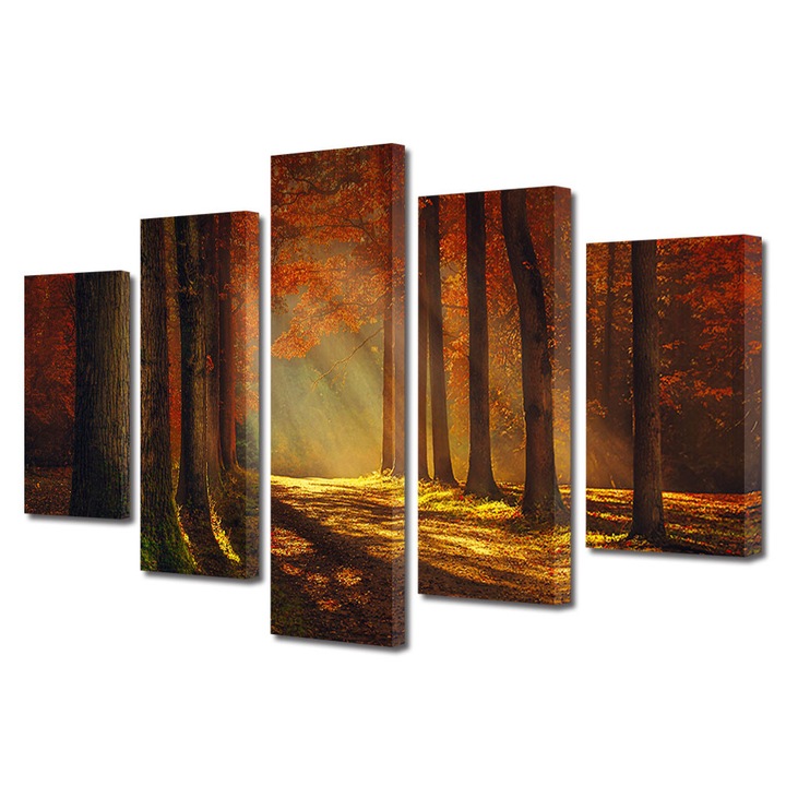 Set Tablouri Multicanvas 5 Piese Peisaj de Toamna cu Lumina magica , 120 x 225 cm