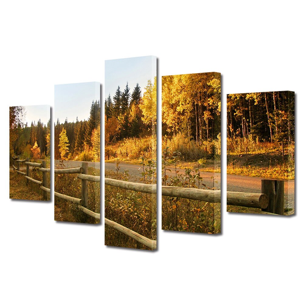Set Tablouri Multicanvas 5 Piese Peisaj de Toamna cu Soare pe marginea drumului, 70 x 125 cm
