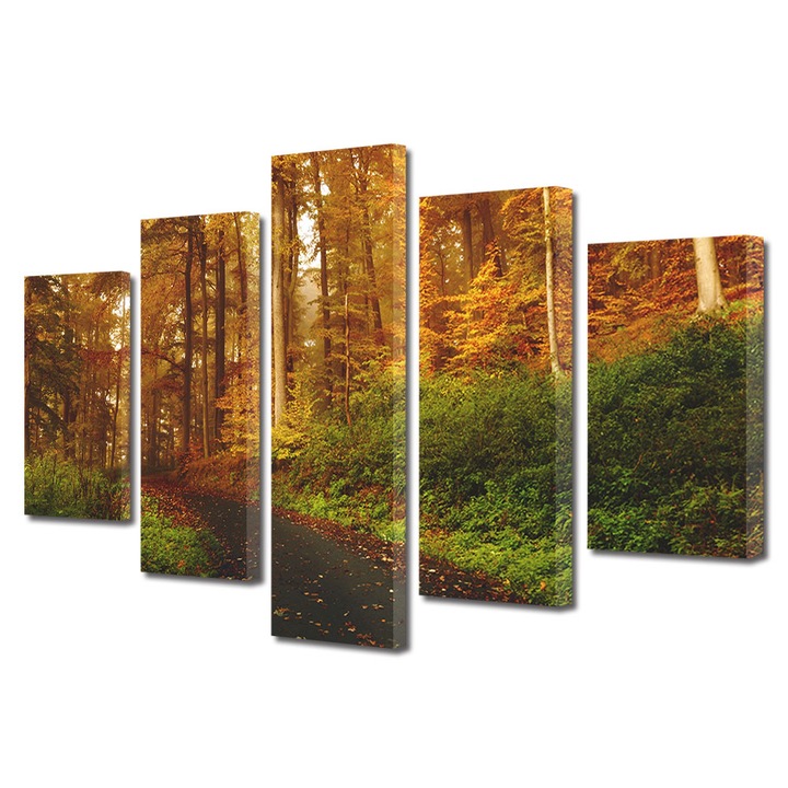 Set Tablouri Multicanvas 5 Piese Peisaj de Toamna cu Sosea acoperita cu frunze , 70 x 125 cm