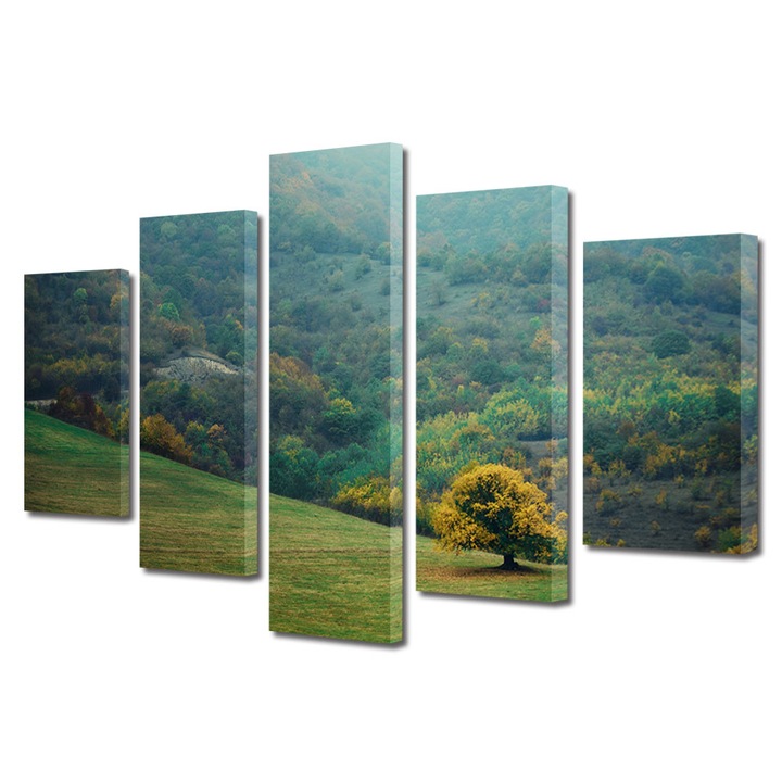 Set Tablouri Multicanvas 5 Piese Peisaj de Toamna cu Copacul in campie, 100 x 175 cm