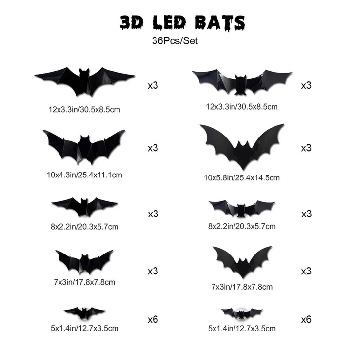 YANYXR LED Halloween matricaszett, 3D PVC denevérek, többszínű, 12-60 db