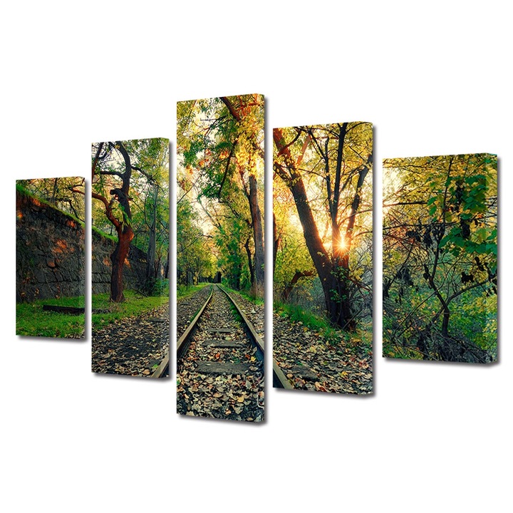 Set Tablouri Multicanvas 5 Piese Peisaj de Toamna cu Calea spre tunel prin padure, 100 x 175 cm