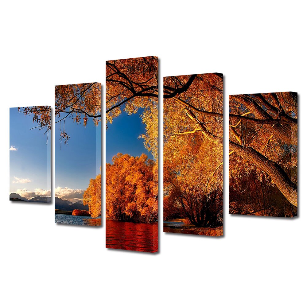 Set Tablouri Multicanvas 5 Piese Peisaj de Toamna cu Umbre pe apa, 70 x 125 cm