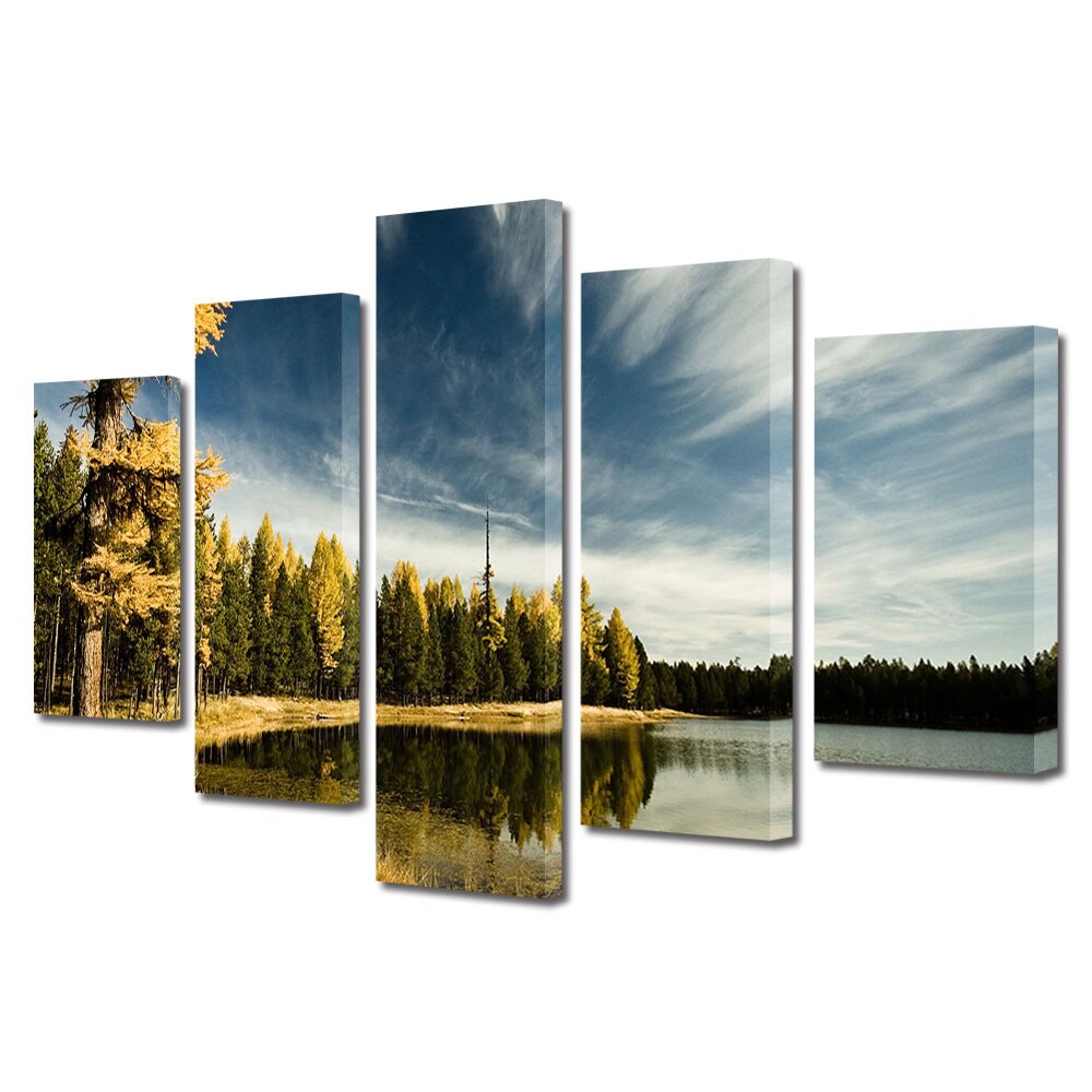 Set Tablouri Multicanvas 5 Piese Peisaj de Toamna cu Moment de relaxare pe malul lacului, 70 x 125 cm