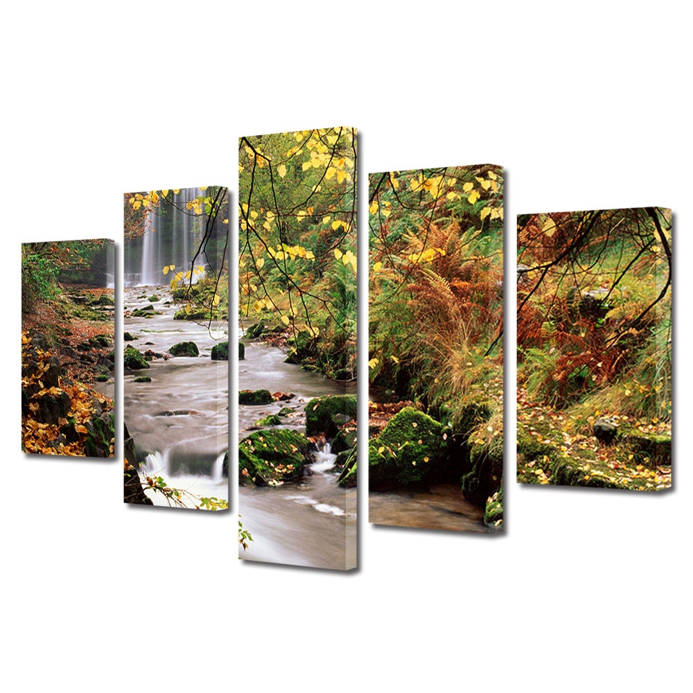 Set Tablouri Multicanvas 5 Piese Peisaj de Toamna cu Parau rapid, 70 x 125 cm