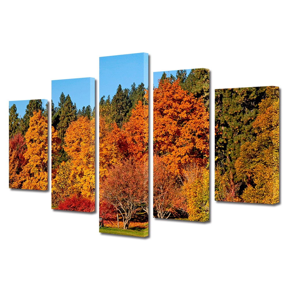 Set Tablouri Multicanvas 5 Piese Peisaj de Toamna cu Bancute sub copacii rosii, 80 x 150 cm