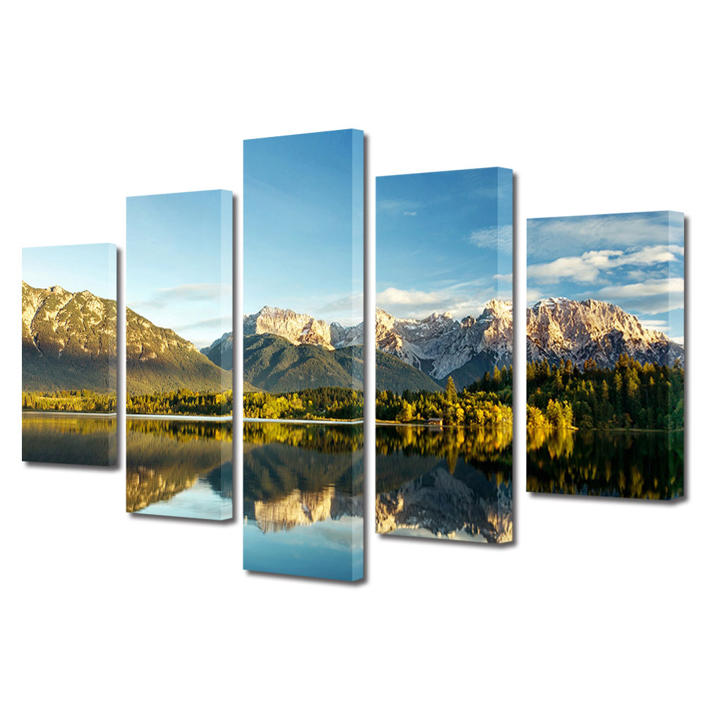 Set Tablouri Multicanvas 5 Piese Peisaj de Toamna cu Panorama splendida dinspre lac, 70 x 125 cm