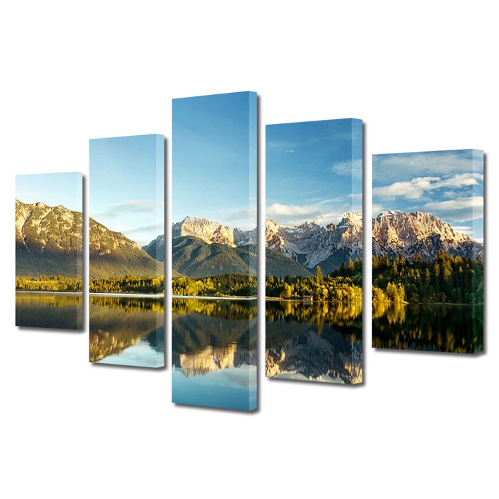 Set Tablouri Multicanvas 5 Piese Peisaj de Toamna cu Panorama splendida dinspre lac, 80 x 150 cm