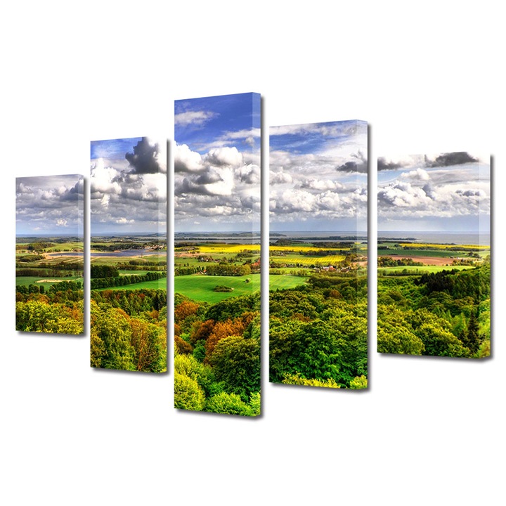 Set Tablouri Multicanvas 5 Piese Peisaj de Toamna cu Panorama spre inceputul toamnei, 70 x 125 cm