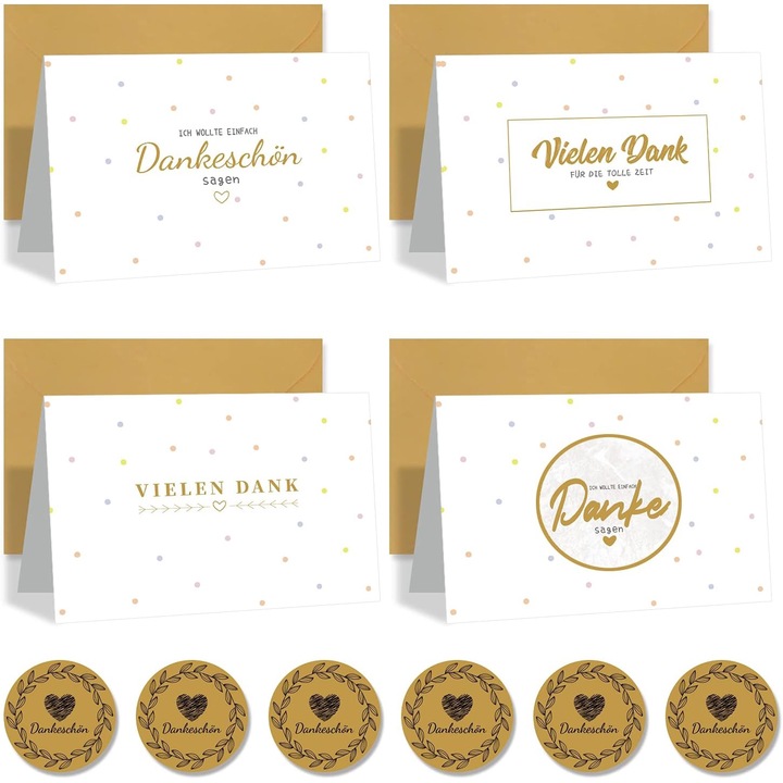 Set 12 Carti de Multumire GOCOHHI, 4 Modele Colorate cu Text in Limba Germana, cu plicuri si stickere incluse