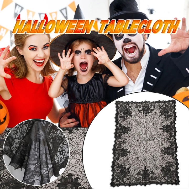 YANYXR Halloween asztalterítő, fekete csipke koponya, 135x175cm