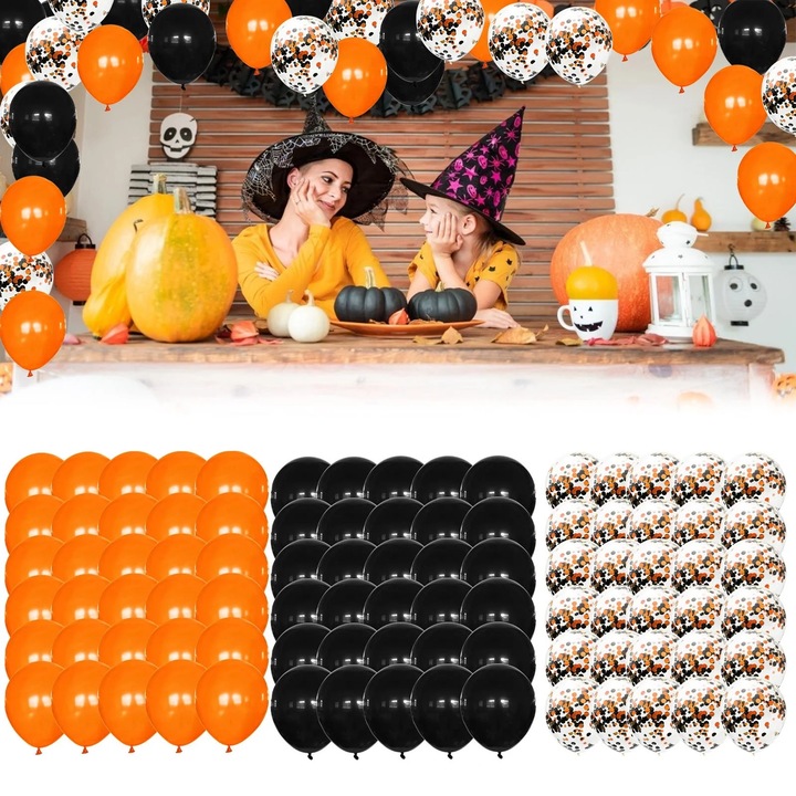 YANYXR Halloween léggömb szett, fekete narancssárga konfetti, 12", 80db, 10mx2 szalag